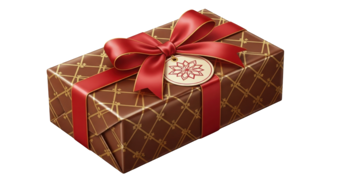 Wrapped brown present with red ribbon and tag isolated PNG with Transparent Background