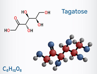 Tagatose molecule E957. Low-calorie sweetener for food and beverage, low glycemic index, prebiotic fermentation benefits. Structural formula and molecular model. Vector illustration