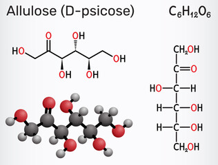 Allulose (D-psicose) molecule, ketohexose isomer of fructose, low-calorie and low-glycemic sweetener. Linear form, Fischer projection, 3D model. Vector illustration