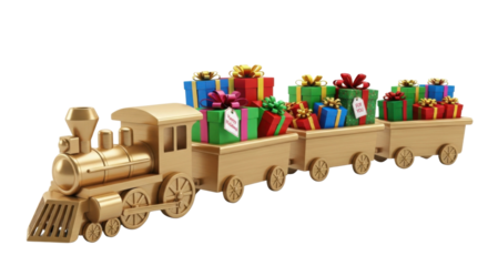 Toy train carrying colorful gifts with "Merry Christmas" tag isolated PNG with Transparent Background
