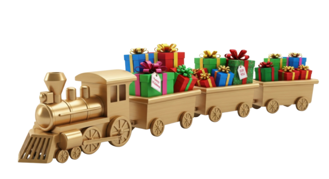 Toy train carrying colorful gifts with "Merry Christmas" tag isolated PNG with Transparent Background - Powered by Adobe