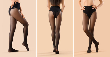 Legs of young women in black tights on beige background