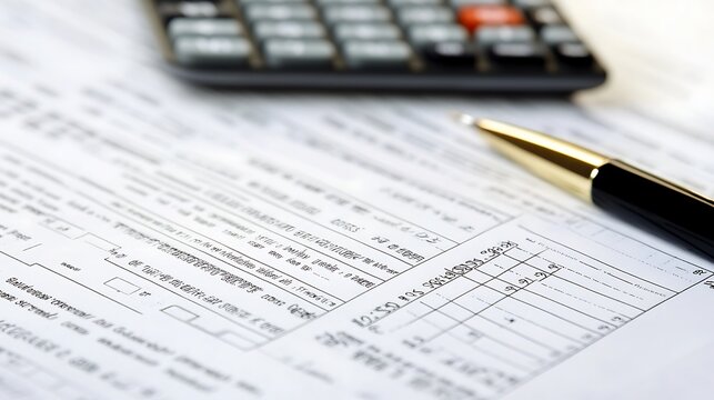 Documents with Calculations, Pen, and Calculator on Top for Business Financial Analysis