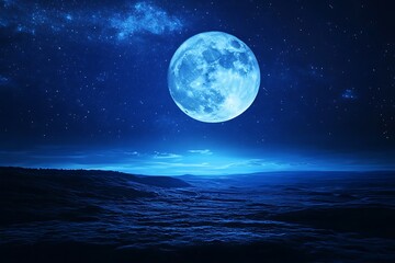 Dreamy Blue Full Moon and Starry Sky Landscape with Abstract Surface Texture