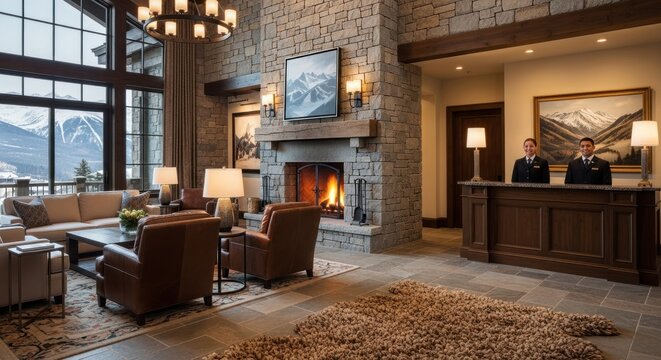 Luxurious Hotel Lobby with Fireplace and Mountain View.