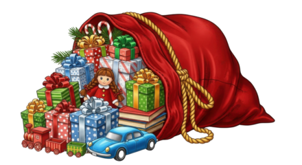 Red Santa sack filled with holiday gifts isolated PNG with Transparent Background