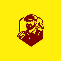 Vintage Construction Worker Logo Emblem with Bearded Craftsman and Hammer