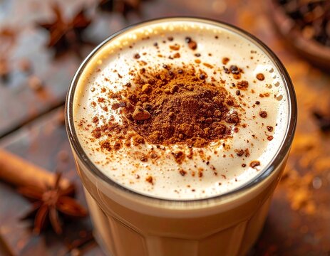 Dutch angle close-up Chai Tea Latte spice powder on foam, showcasing the speckled texture and warm, comforting detail of the popular beverage.