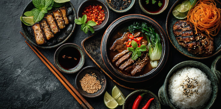 chinese food, chinese traditional cuisine dishes on dark background, top view, copy space