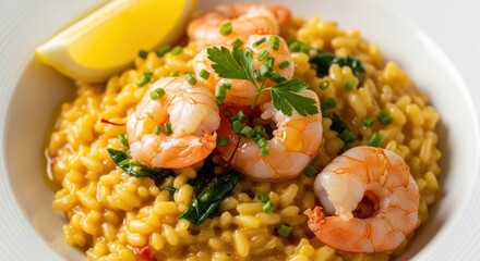 Delicious Shrimp Risotto with Lemon and Fresh Herbs.