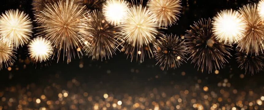 Dark festive background with golden fireworks for New Year 2026 celebration, ideal for party invitation, holiday banner, event poster, festive templates, seasonal greeting card design. Panoramic video
