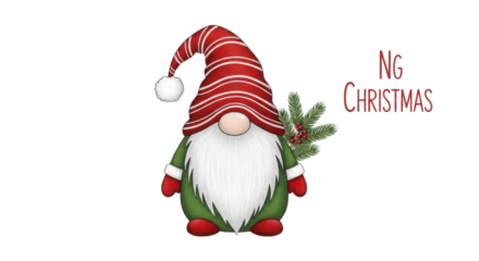 Festive Christmas Gnome holding evergreen branch with text: NG Christmas isolated PNG with Transparent Background