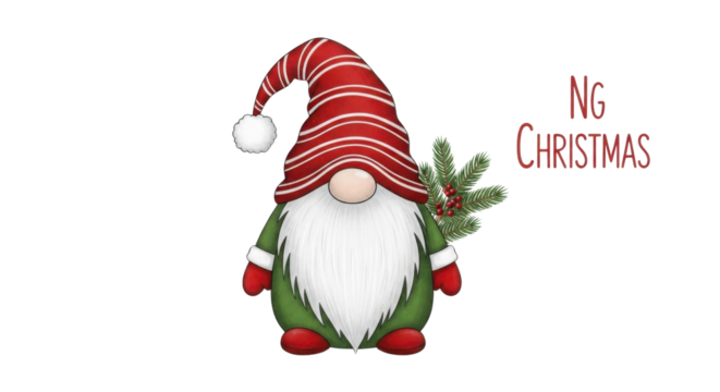 Festive Christmas Gnome holding evergreen branch with text: NG Christmas isolated PNG with Transparent Background