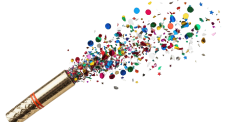 Exploding party popper with confetti isolated PNG with Transparent Background