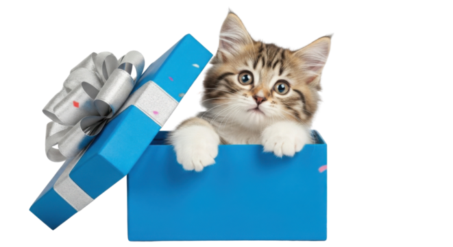 Cute tabby kitten in a blue gift box with silver bow isolated PNG with Transparent Background - Powered by Adobe