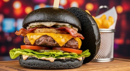 Gourmet Black Burger with Fries - A Delicious Culinary Experience.