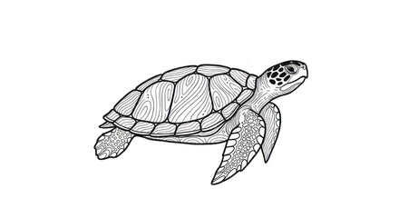Detailed Black and White Line Art Drawing of a Sea Turtle Swimming Gracefully.