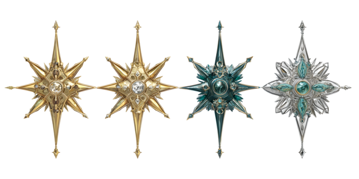 Four ornate star shaped christmas ornaments in gold blue and silver