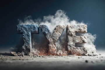 Three rugged stone letters tye stand amidst swirling dust and debris under dramatic lighting, conveying a sense of strength and destruction