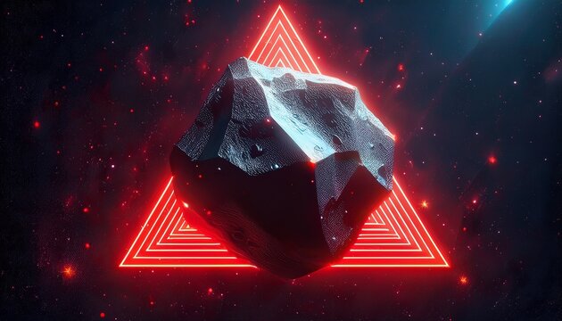 glowing asteroid with red neon triangle and lines in starry cosmos