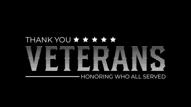Thank You Veterans. Bold, black and white typographic design, stylized with horizontal white lines and five stars above, emphasizing service recognition, a great choice for Veterans Day celebrations