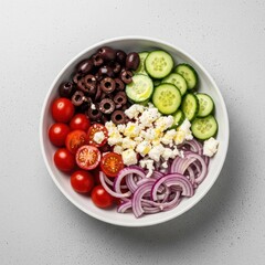 Fresh and Colorful Greek Salad Bowl with Vegetables and Olives.