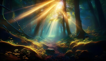 ethereal glowing particles swirl in sunbeams piercing a dark forest