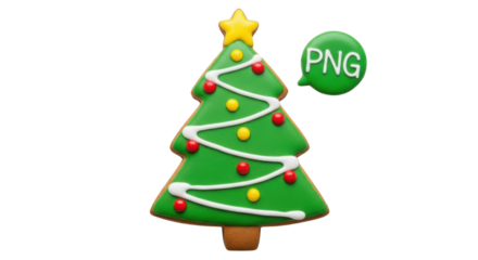 Gingerbread Christmas tree with star and ornaments, PNG text bubble isolated PNG with Transparent Background