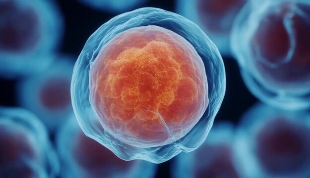 Microscopic view of human cell nucleus division and genetic material for medical research