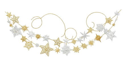 Golden and silver star garland decoration isolated PNG with Transparent Background