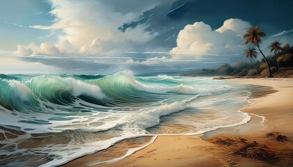 a painting depicting waves crashing on a sandy beach with a cloudy sky