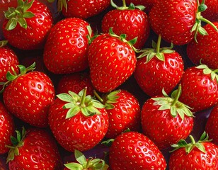 Close Up Vivid Red Strawberries with Green Stems on a Dark Purple Background Overhead Shot Natural Light