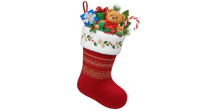 Christmas stocking stuffed with gifts and a teddy bear isolated PNG with Transparent Background