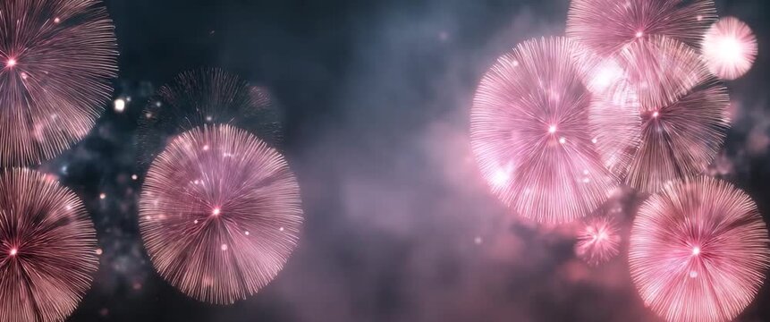 Dark festive background with pink fireworks for New Year 2026 celebration, ideal for party invitation, holiday banner, event poster, festive templates, seasonal greeting card design. Panoramic video
