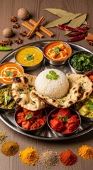 Exquisite Indian Thali Platter with Rice, Curries, and Spices.