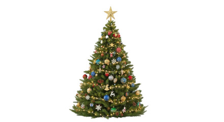 Decorated Christmas tree with ornaments and golden star isolated PNG with Transparent Background
