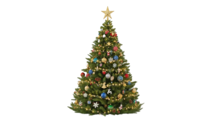 Decorated Christmas tree with ornaments and golden star isolated PNG with Transparent Background