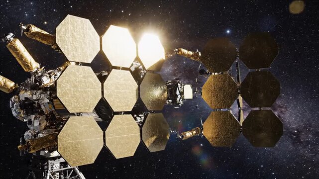 Satellite deploying advanced hexagonal mirrors in deep space. Cosmic setting with shining stars and distant galaxies visible. Concept of space exploration, astronomy, technology innovation