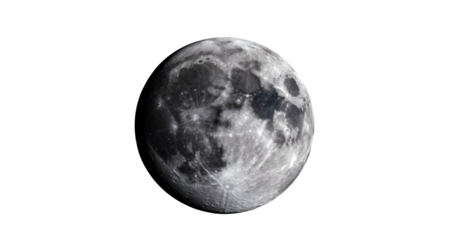 Detailed full moon surface shines in the vast night sky view