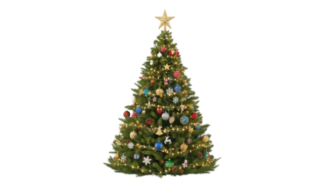 Decorated Christmas tree with ornaments and golden star isolated PNG with Transparent Background - Powered by Adobe