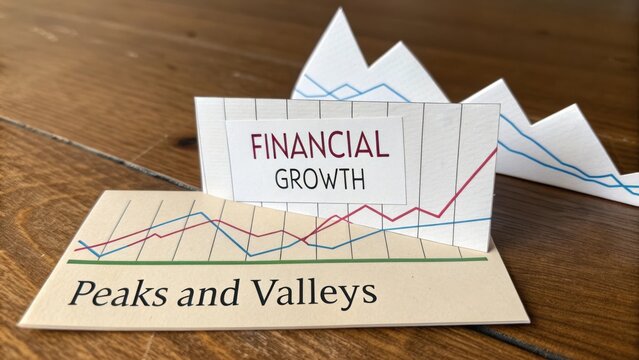 Financial Growth Concept with Peaks and Valleys Graphs Representing Economic Trends and Analysis on Wooden Surface - Powered by Adobe