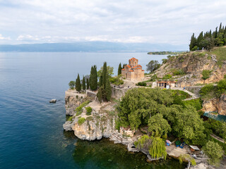 Naklejka premium Church of Saint John Kaneo in Ohrid Town and Lake aerial view in North Macedonia