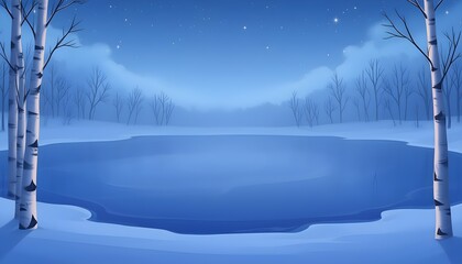 Serene winter night landscape with frozen pond and silhouetted birch trees under a starry sky