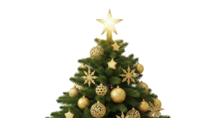 Christmas tree decorated with gold ornaments for holiday season isolated PNG with Transparent Background