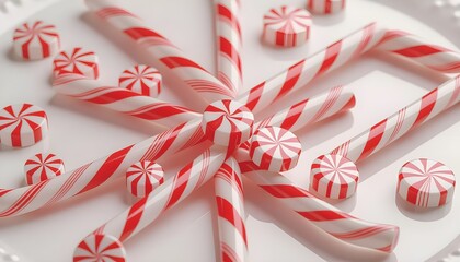 Festive red and white candy canes and peppermint candies artfully arranged creating a delightful holiday or sweet treat visual