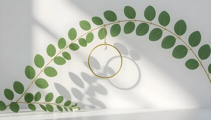 Elegant gold ring suspended from a delicate branch with soft shadows and natural light creating a serene, minimalist scene