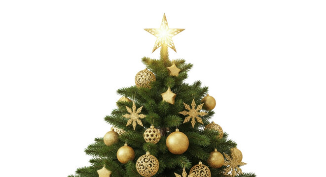 Christmas tree decorated with gold ornaments for holiday season isolated PNG with Transparent Background