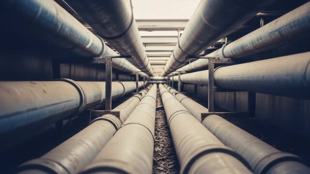 Underground industrial pipeline network with multiple parallel pipes leading into the distance for chemical, oil, gas, or water usage footage.