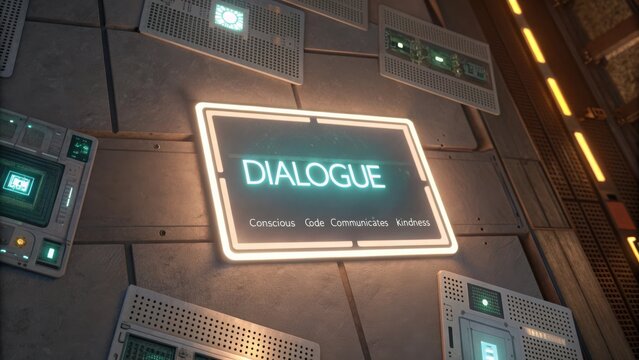 Futuristic Interface Displaying Dialogue Elements with Words Conscious Code Communicates Kindness