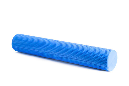 blue massage foam roller isolated on white background